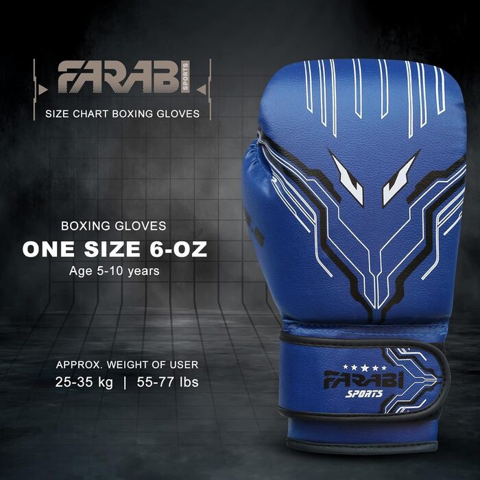 Боксерські рукавички Farabi для дітей (6oz, синій) – MMA, Муай Тай, бокс, тренування, 5-10 років