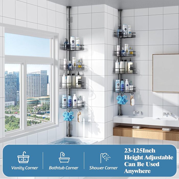 Телескопічна поличка для душу, регульована висота 58,5-317,5 см, чорна. Без свердління, для ванної кімнати