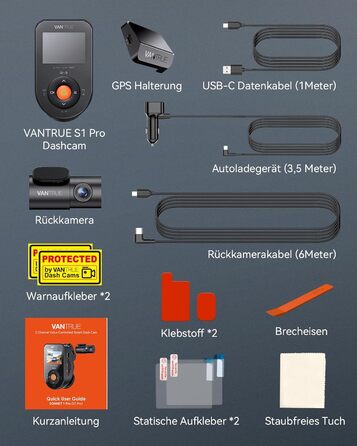 Відеореєстратор VANTRUE S1 Pro 2.5K + 1080P, GPS, WiFi, STARVIS, Паркування, Нічний режим, G-сенсор