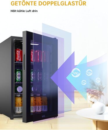 Міні холодильник WIE 70 літрів з подвійними скляними дверима, регульованими полицями для дому, кухні, бару, офісу. Для соди, пива, вина. Тиха робота, 105 доз.