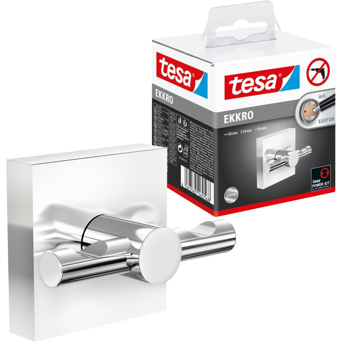 tesa EKKRO Towel Hook, Chrome-plated Stainless Steel - Bathroom Hook for Wall Mounting without Drilling, including Adhesive Solution - 50mm x 50mm x 63mm
