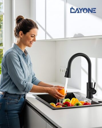 Кухонний змішувач DayOne з висувною лійкою, нержавіюча сталь SUS304, високий тиск, кухонний кран з 2 функціями, поворотний на 360°, для кухні (низький тиск, 247mb-niederdruck)