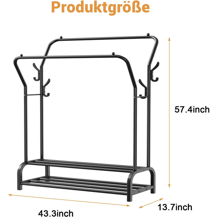 LOEFME Clothes Rack, 110 * 35 * 146cm Clothes Rack Stable Freestanding Clothes Rail, Double Rod Multifunctional Bedroom Clothes Rack, Minimalism Clothes Rod Black