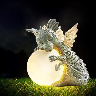 Decorative Dragon Figurine with Round Light, Dragon Figures Garden Decor for Outdoors, Decorative Dragon Garden Dragon for Balcony, Garden Decor Lucky Dragon for Men Women Girlfriend Mom Birthday