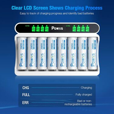 Зарядний пристрій POWXS для акумуляторів Ni-MH/Ni-Cd AA/AAA, 8 слотів, LCD-дисплей, USB/Type-C