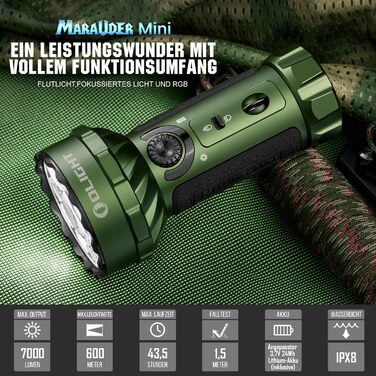OLIGHT Marauder Mini LED ліхтар Super Hell 7000 Lumen, 600 метрів, перезаряджається, з прожектором та розсіяним світлом, 3 кольори LED, датчик відстані, для активного відпочинку (зелений)