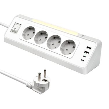 Кутова розетка для кухні Ecksteckdose, 4-портова з 2 USB та 2 Type-C, 3680W/16A з LED, захистом від перенапруги, економна для дому, офісу, кухні, настінний монтаж, кабель 2м білий, 4-портова