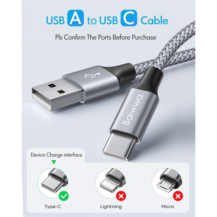 Кабель USB-C 1.5м, 2 шт. Швидка зарядка, нейлон, USB-A to USB-C для Samsung Galaxy, iPhone, Redmi, Pixel (сірий)