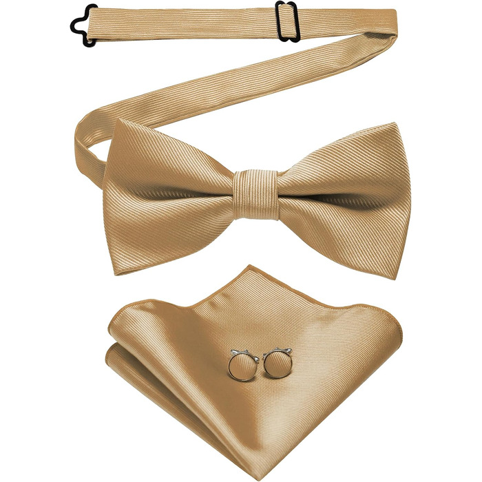 Метелик чоловічий JEMYGINS регульований шовковий, з манжетними запонками та нагрудною хусткою в подарунковій коробці, золотий колір
