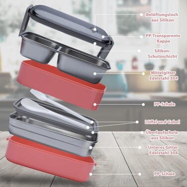 Ланчбокс преміум для дорослих та дітей: сталевий ланчбокс з відділеннями, блідо-рожевий