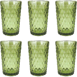 Vintage set of 6 colored wine glasses and tumblers with diamond pattern (Netz Green Tumbler), Long Drink glasses, Cocktail glasses with embossing, glass, tumbler, wine glass, water glass, goblet