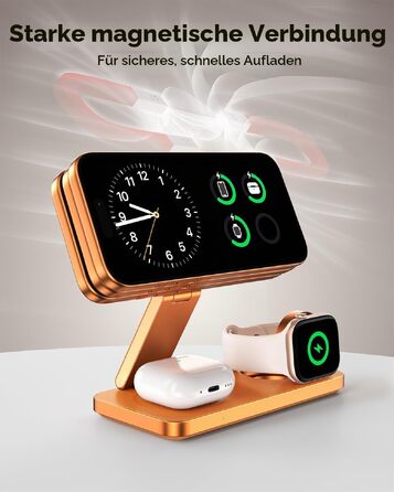 Бездротова зарядна станція 3 в 1 для Apple iPhone 17/16/15/14/13/12, Apple Watch Ultra/11/10/SE та AirPods 4/3/2, сумісна з MagSafe, складана, помаранчева