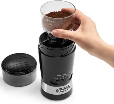 Кавомолка De'Longhi KG210 – електрична для цілих кавових зерен, спецій та горіхів, з нержавіючої сталі, 170 Вт, пластик, чорний колір