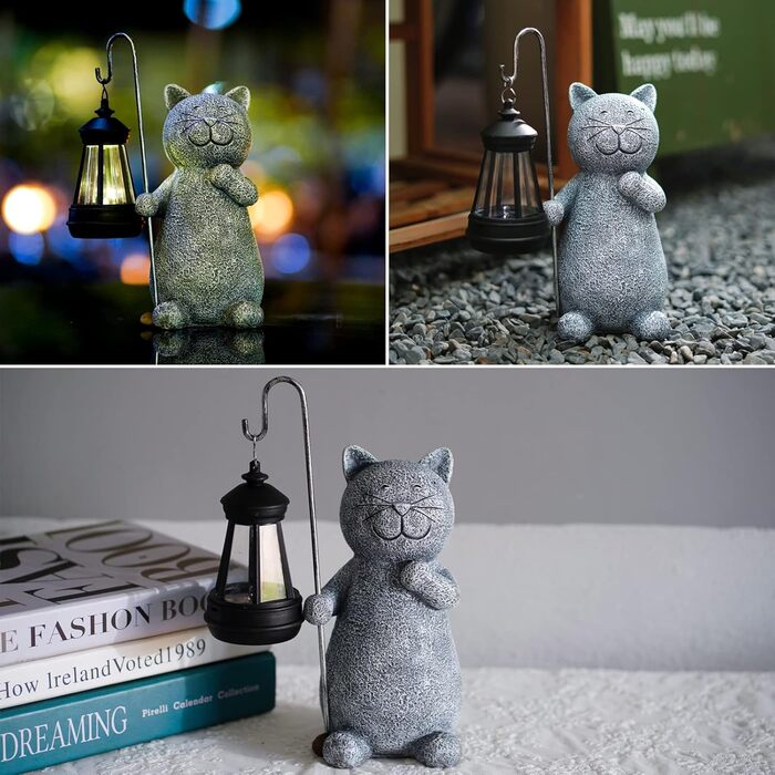 Yeomoo Cat Garden Statues for Outdoors with Solar Lantern – Funny Waterproof Solar Lamp Figure Garden Decor for Outdoors Balcony Terraces Gifts for Women Men Mom Birthday Fairy Garden Grey