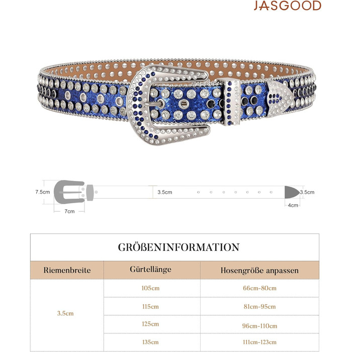 Жіночий шкіряний ремінь JasGood з камінням, стиль вестерн, ковбойський, з заклепками для джинсів та штанів (Синій, 105 см, підходить для розміру 66-80 см)