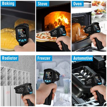 Інфрачервоний термометр MESTEK: безконтактне вимірювання температури (-50°C ~ 800°C) з лазерним цільовим покажчиком, LCD дисплеєм та регулюванням коефіцієнта випромінювання. Підходить для кухні, грилю, морозильної камери, промисловості.