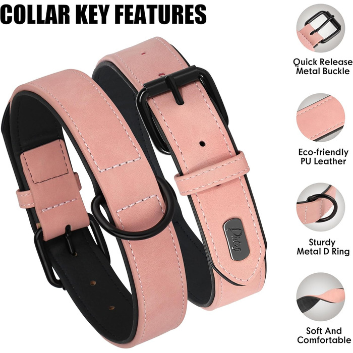 Нашийник для собак Didog з м'якої шкіри, рожевий, регульований, для собак малого, середнього та великого розміру (L: 30-38 см, 6-10 кг)