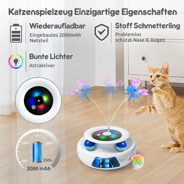GoldenSun Cat Toy, 3-in-1 Electric Interactive Automatic Toy for Cats, Whack-A-Mole, Fluttering Butterfly, Includes Ball, USB Rechargeable Cat Teaser with 6 Attachments