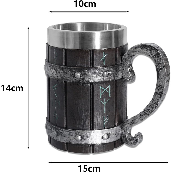 Таз для пива Viking з дерева та нержавіючої сталі, 600 мл, 14.3 см – середньовічний стиль для чоловіків