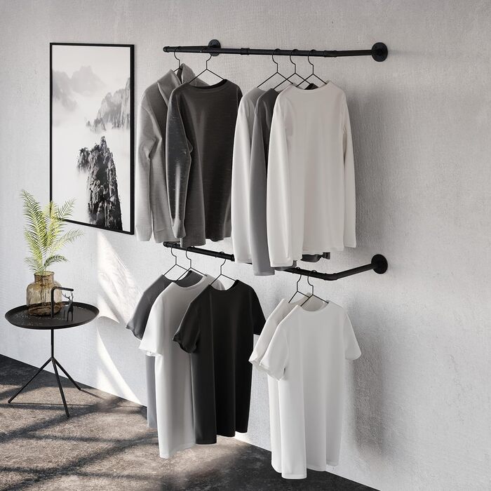 pamo Clothes Rail Industrial Loft Design - FINN - 93 cm Wardrobe Rail or Clothes Stand with Wall or Ceiling Mounting made of sturdy pipes in black