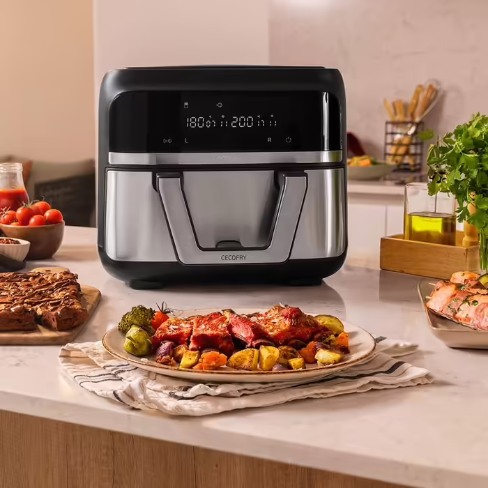 Cecotec Oil-Free Hot Air Fryer - 9L divisible into 2 - Air Fryer Cecofry Dual 9000. 2850W, dietary and digital, touch panel, dual temperature control, 6 modes, PerfectCook technology Black and Stainless Steel 1 9L basket + divider