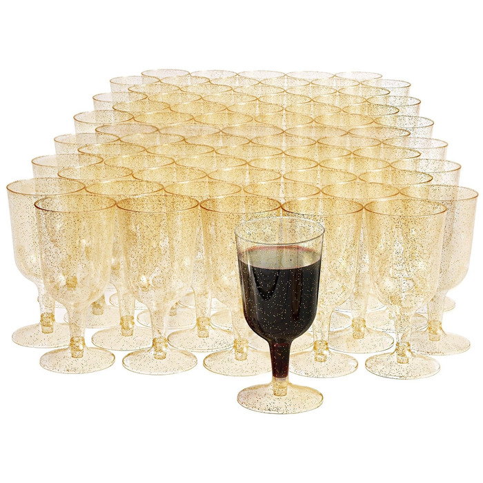 200 склянок для вина MATANA з пластику з золотим блиском (180 мл) – багаторазові келихи для вина, коктейлів, десертів, вечірок, весіль, днів народжень, 200 шт.