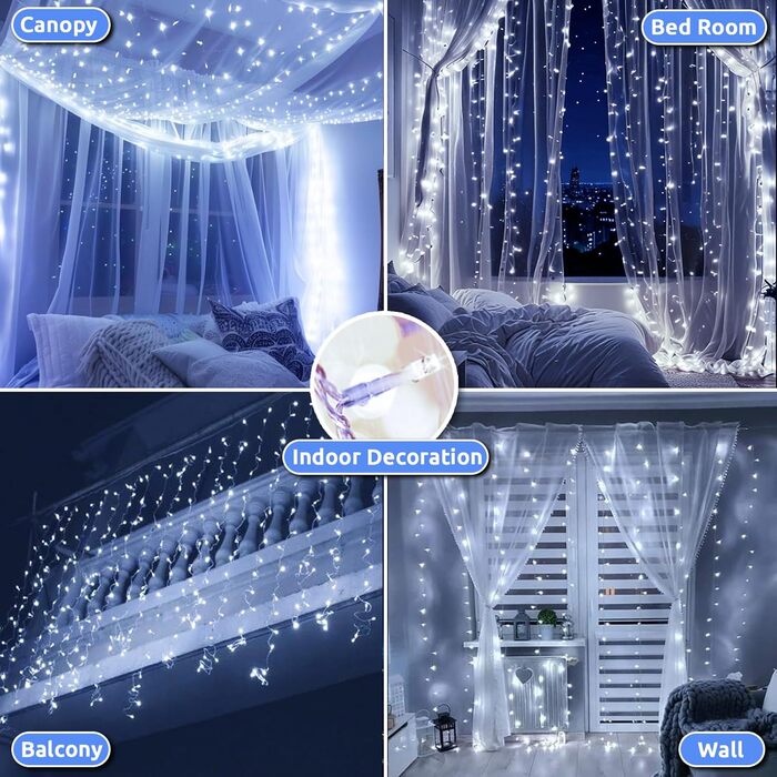 Лампочки-завіса для декору інтер'єру та екстер'єру 300 LED, 3x3м, різдвяне освітлення, 8 режимів, таймер, вологостійка, для вікна, стіни, вечірки, шлюбу, холодний білий