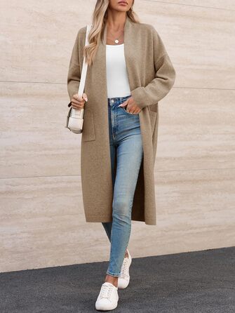 Жіночий кардиган Fisoew: довгий, оверсайз, з довгим рукавом та кишенями. Бежевий, XXL