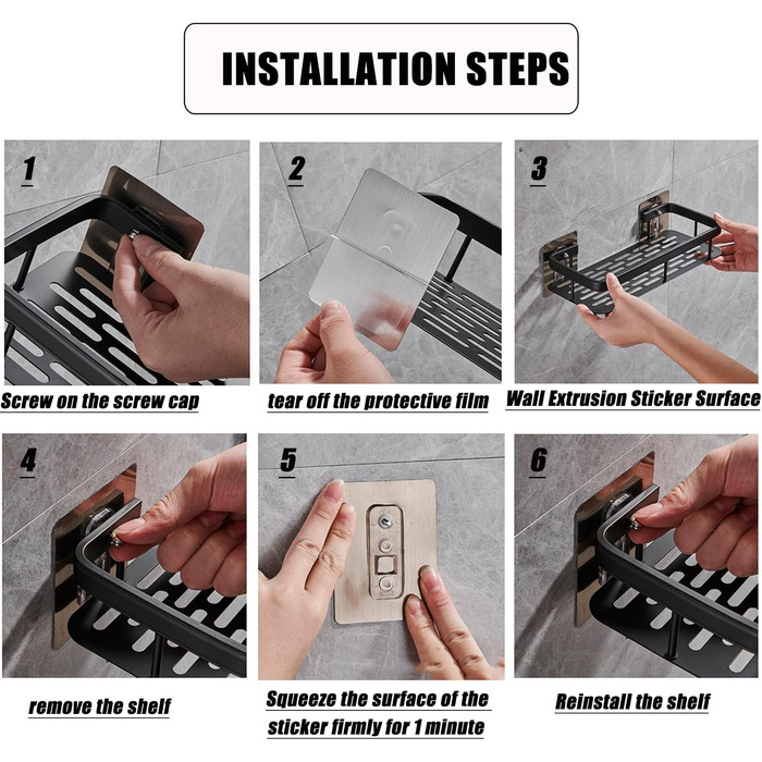 Полка для душу без свердління, алюмінієва полиця для душу, самоклеюча, чорна (2 шт.)