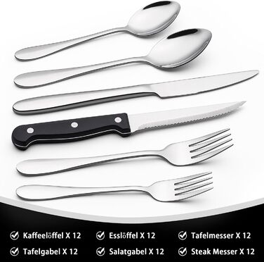 12-Person Cutlery Set, 72-Piece Stainless Steel Cutlery Set with Steak Knives, Eating Utensil Set with Knife Fork Spoon, Elegant Dinnerware for Restaurant/Party, Dishwasher Safe