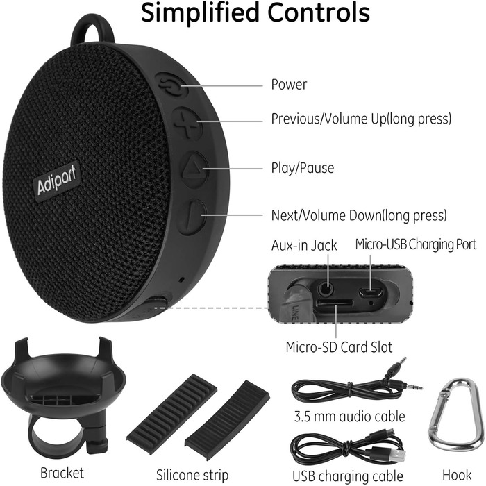 Adiport Bluetooth-колонка для велосипеда, BT 5.0, покращений бас, гучний звук, 10 годин роботи, водонепроникна IPX7, ударостійка, для вуличних поїздок