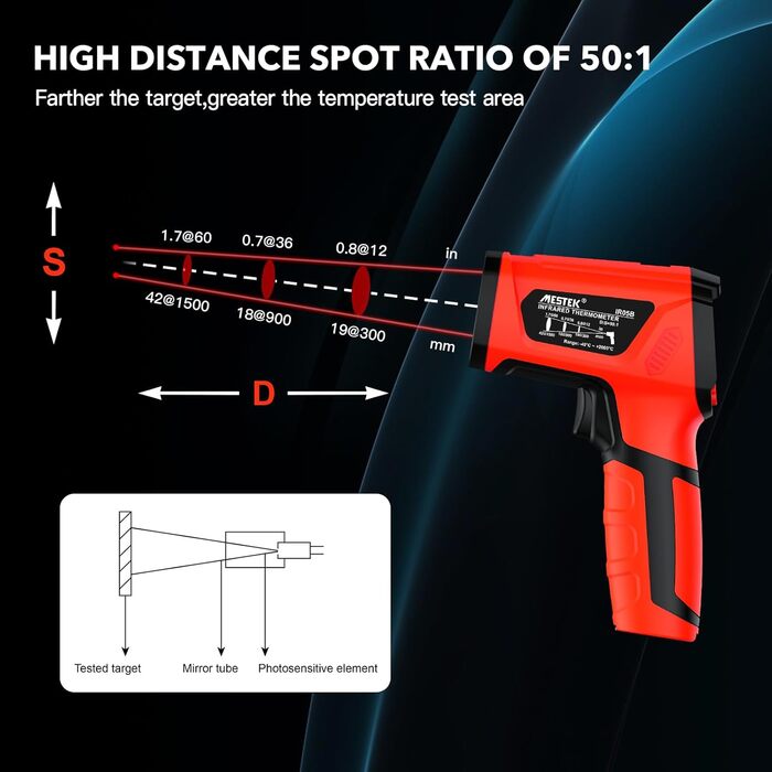 Інфрачервоний термометр MESTEK: цифровий лазерний пірометр з K-зондом (-50°C ~ 800°C) з безконтактним вимірюванням, LCD-дисплеєм, функцією оповіщення та регулюванням коефіцієнта випромінювання. Підходить для кухні, гриля та автомобіля.
