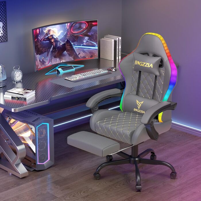 Ігрове крісло Racingreat RGB LED з підсвіткою, підставкою для ніг, сіро-чорного кольору