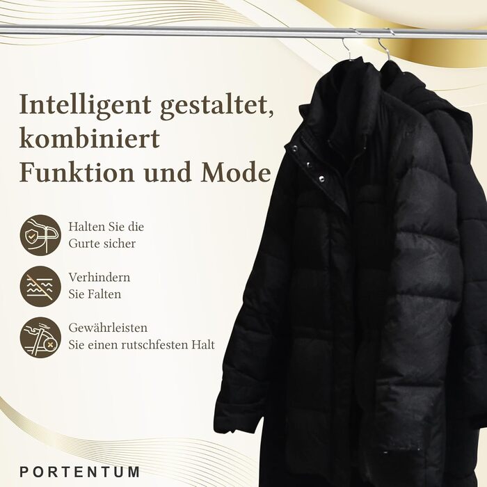 Плечики для одягу PORTENTUM з оксамиту, 10 шт., чорні - антиковзаючі, з 360º обертовим гаком, вирізами та тримачем для аксесуарів, економія місця, товщина 0,6 см, Made in Spain