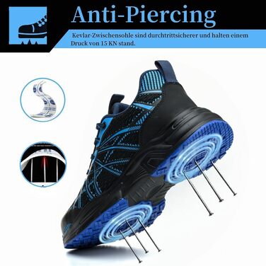 Черевики безпеки для чоловіків та жінок. Легкі спортивні робочі черевики з металевим носком, неслизькі, дихаючі. Розмір 44 EU, синій.