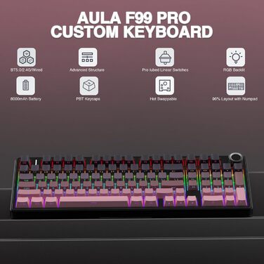 Механічна ігрова клавіатура AULA F99 Pro: RGB, Hot-swap, Wireless, QWERTY, чорно-рожева