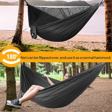 Гамак для кемпінгу NatureFun з москітною сіткою | Макс. навантаження 300 кг, 290 x 140 см | Швидковисихаючий нейлон, повний комплект, чорний
