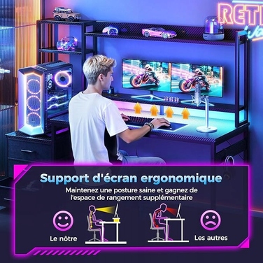 Ігровий стіл з шухлядами, полицею, розетками та LED-підсвіткою, 137x48 см