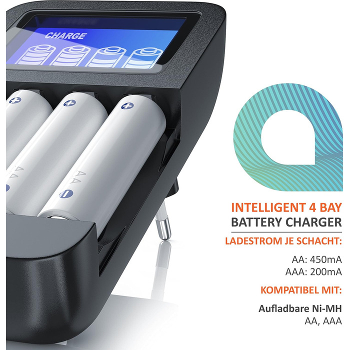 Зарядний пристрій CSL для акумуляторів AA/AAA NiMH з LCD-дисплеєм, 4 слоти, чорний