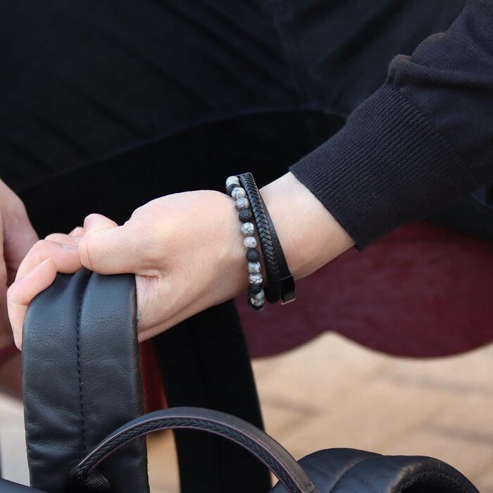 Чоловічий шкіряний браслет з тигровим оком та лавовим каменем | Ручна робота, гравірування, регульований магнітний замок | Чорний, коричневий, синій, срібний | Подарункова коробка