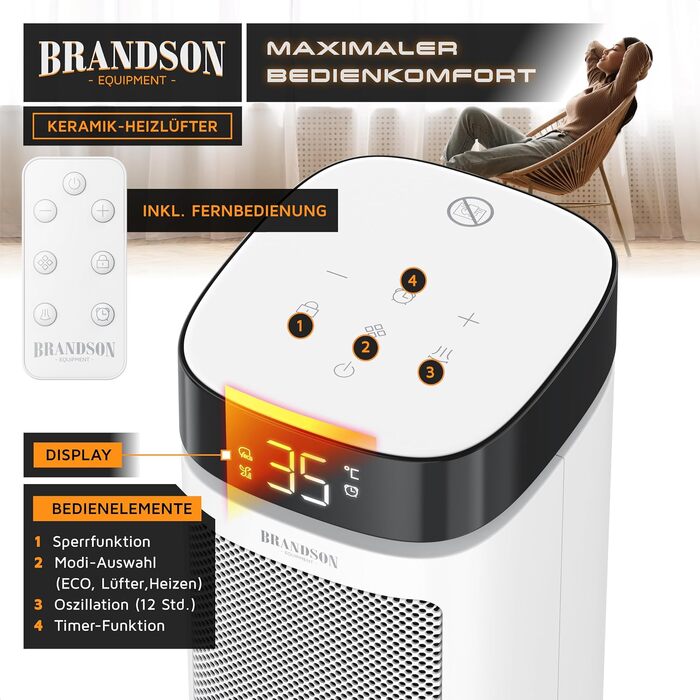 Керамічний обігрівач Brandson ECO Design 2000 Вт з дистанційним керуванням, функцією осциляції та ECO-режимом для спальні та ванної кімнати