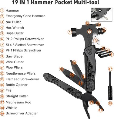 Мультитул 33 в 1 для чоловіків: молоток, плоскогубці, ніж, викрутка. Ідеальний для кемпінгу, надзвичайних ситуацій та виживання на природі