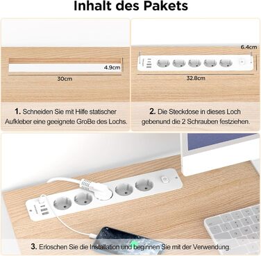 Мережевий адаптер з 2 USB-C (PD 20W) та 1 USB-A, 3 розетки з вимикачем, захист від перенапруги, кабель 1.5м (розподільник для столу)