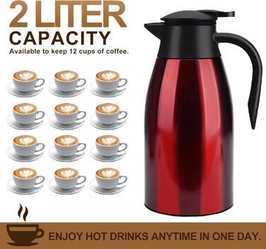 2 Liter Vacuum Insulated Flask, Stainless Steel Thermos, Large Opening, Thermos Keeps Drinks Hot for 12 Hours, Ideal as a Coffee Pot or Tea Pot, Pot for 12 Cups (Red)