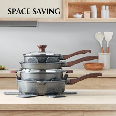 Набір посуду SENSARTE з антипригарним покриттям 13 предметів, гранітний, з кришками та силіконовими інструментами, сірий