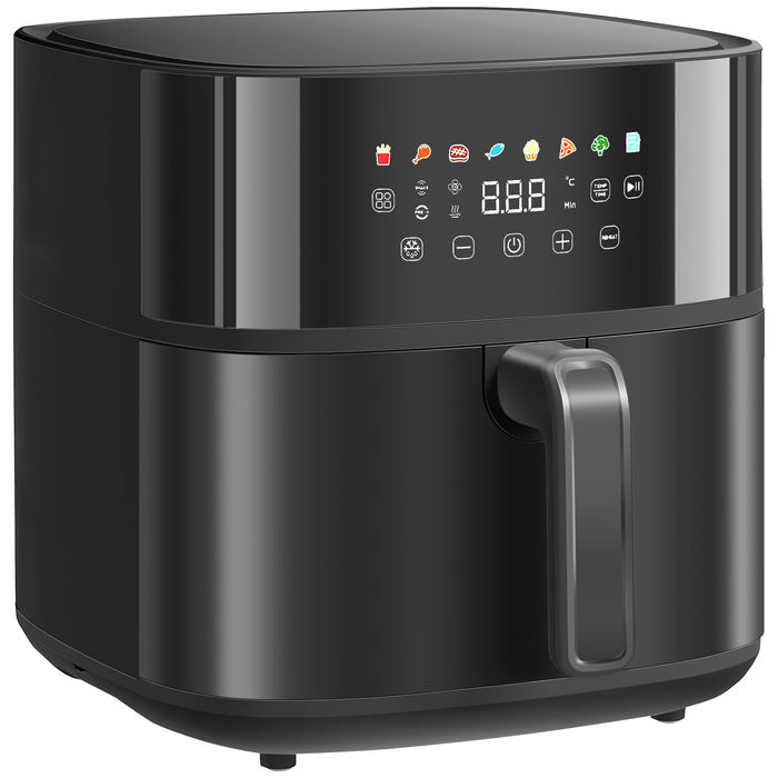 Фритюрниця HOMCOM з гарячим повітрям на 8 літрів (Airfryer) з 8 попередніми налаштуваннями, таймером на 60 хвилин, технологією 360° циркуляції гарячого повітря, потужністю 1700 Вт, без використання олії, з захистом від перегріву, LED-сенсорною панеллю упр