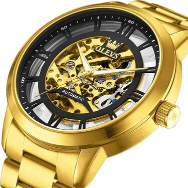 Чоловічий годинник OLEVS Tourbillon автоматичний механічний, люксовий класичний годинник зі сталевим ремінцем, водонепроникний, підсвічування (Золотий ремінець, чорний циферблат)