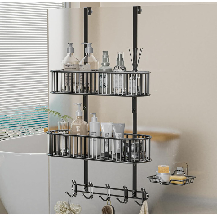 Настінна поличка для душу AIGOCITY без свердління, чорна, для скляних душових кабін, з 3 гачками, регульована висота, для шампуню та гелю для душу