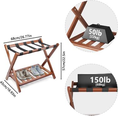 Fully assembled white luggage rack, improved bamboo, foldable suitcase stand with 5 nylon straps, luggage rack with shelf for guest rooms, hotel (white luggage rack, 1 piece) (1 x Walnut)