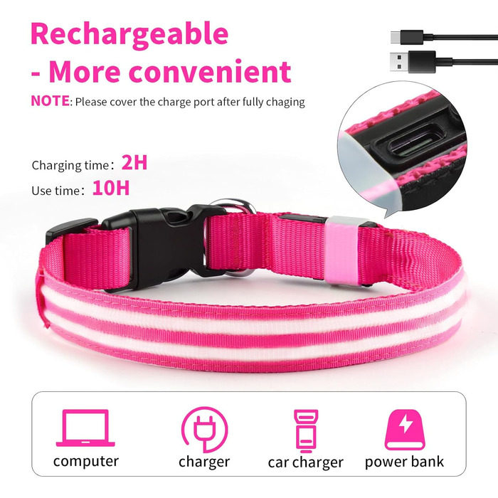 Світлодіодне нашийник для собак PcEoTllar, водонепроникний, 3 режими світіння, для малих, середніх та великих собак, рожевий